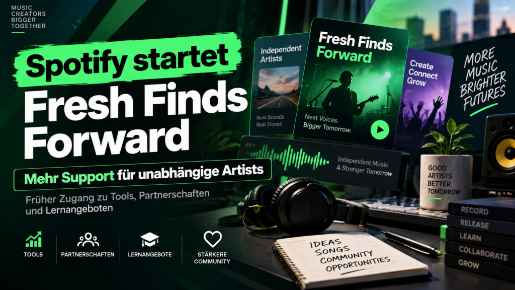 16:9, moderner Independent-Musik-Workspace mit abstraktem Streaming-Dashboard, Studioelementen, Kopfhörern, Wellenformen und Wachstumsanzeige, farbig, kontrastreich, hochwertig, keine Markenlogos, keine echten Personen, kein Zufallstext