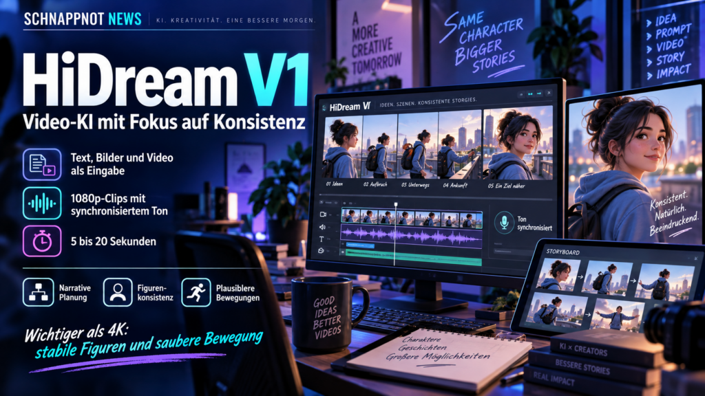 16:9, futuristische KI-Video-Szene mit stabiler animierter Figur, Bewegungsbahn, Objektkonsistenz, Filmstreifen, Audio-Wellenform und physikalischen Bewegungslinien, modern, farbig, kontrastreich, keine Logos, keine echten Personen, kein Zufallstext