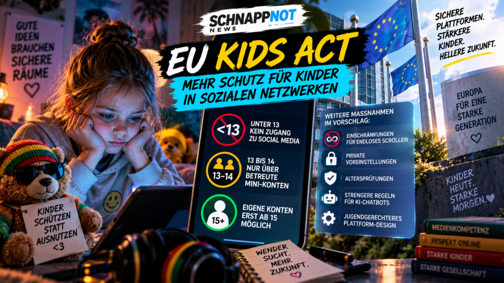 16:9, moderne europäische Digital-Safety-Szene, Smartphone mit altersgestuften Benutzerprofilen, Schutzschild, Zeitsymbol und deaktiviertem Chatbot-Symbol, farbig, klar, kontrastreich, keine Logos, keine echten Personen, kein Zufallstext