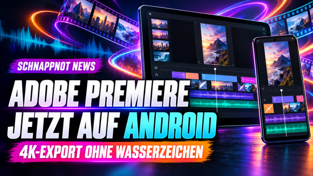 16:9, modernes Android-Smartphone mit mehrspuriger Videotimeline, 4K-Symbolik und farbigen KI-Werkzeugen, kontrastreiche Studioatmosphäre, ohne lesbaren Zufallstext, ohne Markenlogos, ohne echte Personen