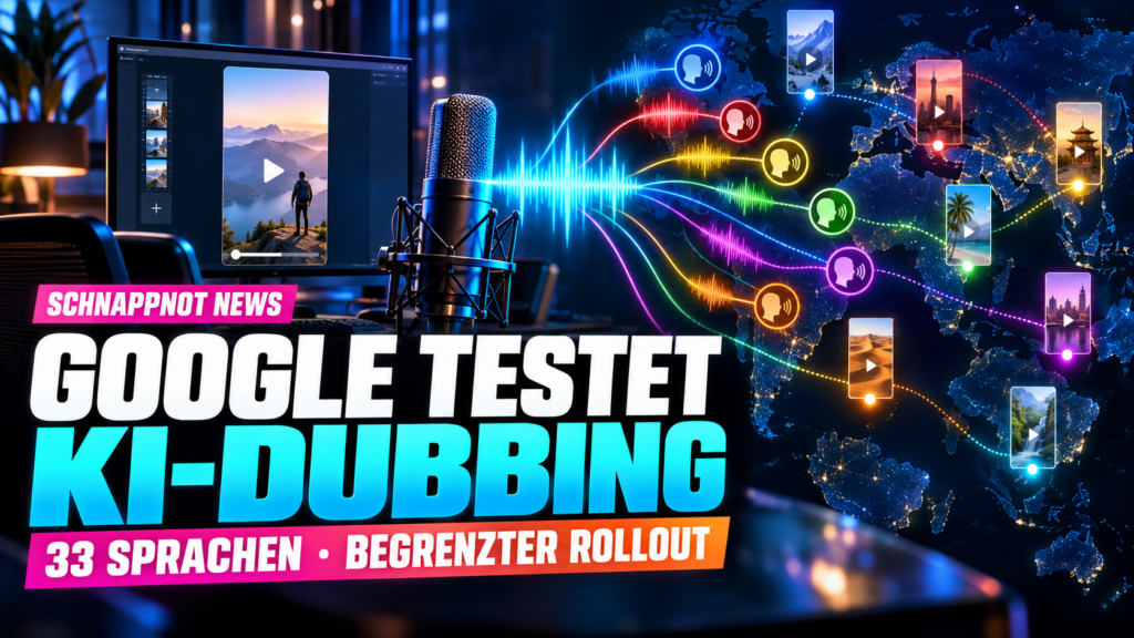 16:9, farbiges Videostudio mit einer neutralen Anzeige in der Mitte und vielen leuchtenden Sprachwellen rundherum, modern und kontrastreich, ohne lesbaren Zufallstext, ohne Markenlogos, ohne echte Personen