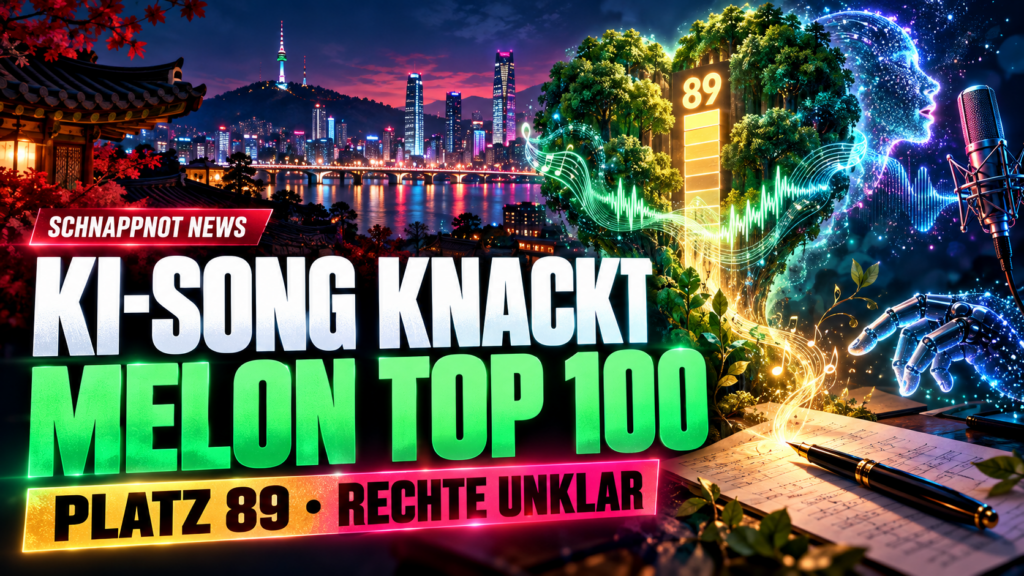 16:9, futuristische Musikcharts mit einem leuchtenden KI-Musiktitel auf Platz 89, Wellenformen und abstrakte Noten, farbig und kontrastreich, ohne lesbaren Zufallstext, ohne Markenlogos, ohne echte Personen