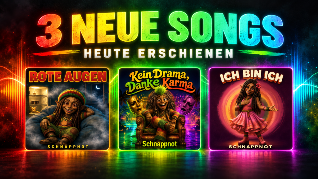 16:9, moderne farbintensive Schnappnot-News-Illustration als dreigeteilte musikalische Szenerie: links zwei humorvoll leuchtende rote Augen in einer dampfigen, harmlosen Reggae-Welt, in der Mitte eine ruhige Karma-Waage mit sanften Domino-Wellen, rechts eine selbstbewusste fiktive Reggae-Figur im Ne