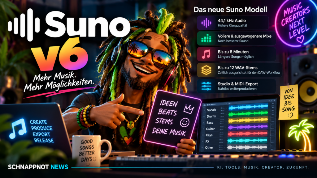 16:9, futuristisches KI-Musikstudio mit leuchtender Audiowellenform, zwölf sauber getrennten Spurstreifen, digitalem Mischpult und langen Song-Timelines, modern, farbig, kontrastreich, keine Markenlogos, keine echten Personen, kein Zufallstext