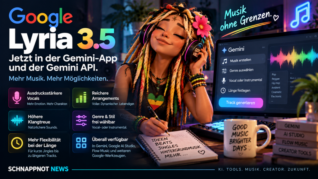 16:9, abstraktes modernes KI-Musiklabor mit farbigen Klangwellen, virtuellen Instrumenten, Vocal-Spuren und API-Verbindungen als leuchtende Datenlinien, hochwertig, kontrastreich, keine Markenlogos, keine echten Personen, kein Zufallstext