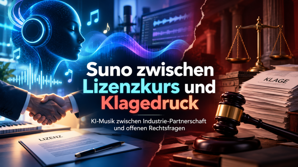 16:9, moderne farbige KI-Musik-News-Grafik, abstraktes digitales Tonstudio mit leuchtenden Wellenformen, Waage zwischen Lizenzvertrag und Copyright-Symbolik, kontrastreich, seriös-dynamisch, keine echten Personen, keine Markenlogos, kein Zufallstext
