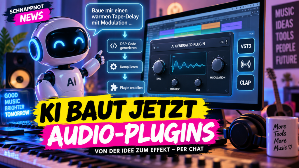 16:9, futuristisches Musikstudio, Chatfenster verwandelt sich visuell in ein abstraktes Audio-Plugin mit Reglern und Wellenformen, neonfarbig, modern, kontrastreich, hochwertiger Creator-Tech-Look, keine echten Personen, keine Markenlogos, kein Zufallstext