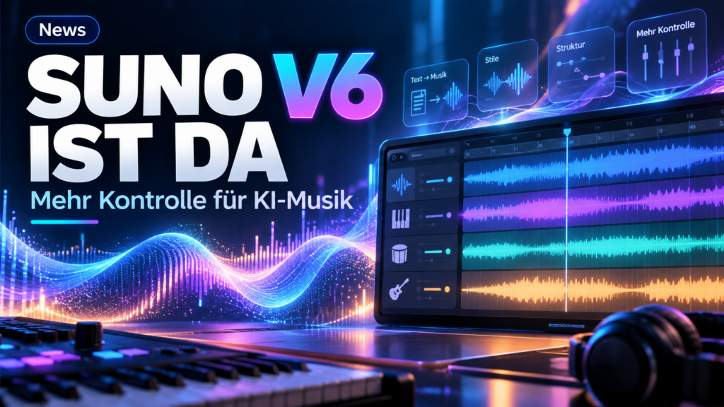 16:9, modernes futuristisches KI-Musikstudio, leuchtende Wellenformen, mehrspurige Audio-Timeline, abstrakte Klangbausteine verbinden sich zu einem Song, farbig, kontrastreich, hochwertig, dynamische Lichtstimmung, keine echten Personen, keine Markenlogos, kein zufälliger Text