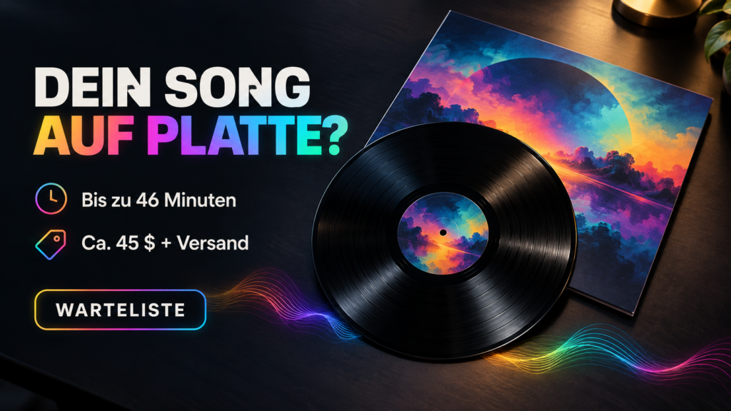 16:9, moderner farbiger Creator-Schreibtisch mit schwarzer Schallplatte, neutraler bunter Hülle, leuchtenden Audio-Wellen und kräftigen Neon-Akzenten, kontrastreich, keine Logos, keine echten Personen, kein Zufallstext