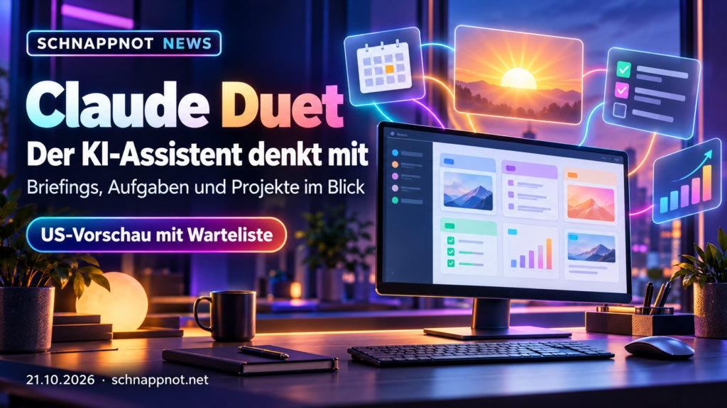 16:9, schnappnot_news_style, modern, farbig, kontrastreich: Abstrakter digitaler Assistent ordnet leuchtende Projektkarten auf einem übersichtlichen Schreibtisch. Kein Text, keine Logos, keine echten Personen.