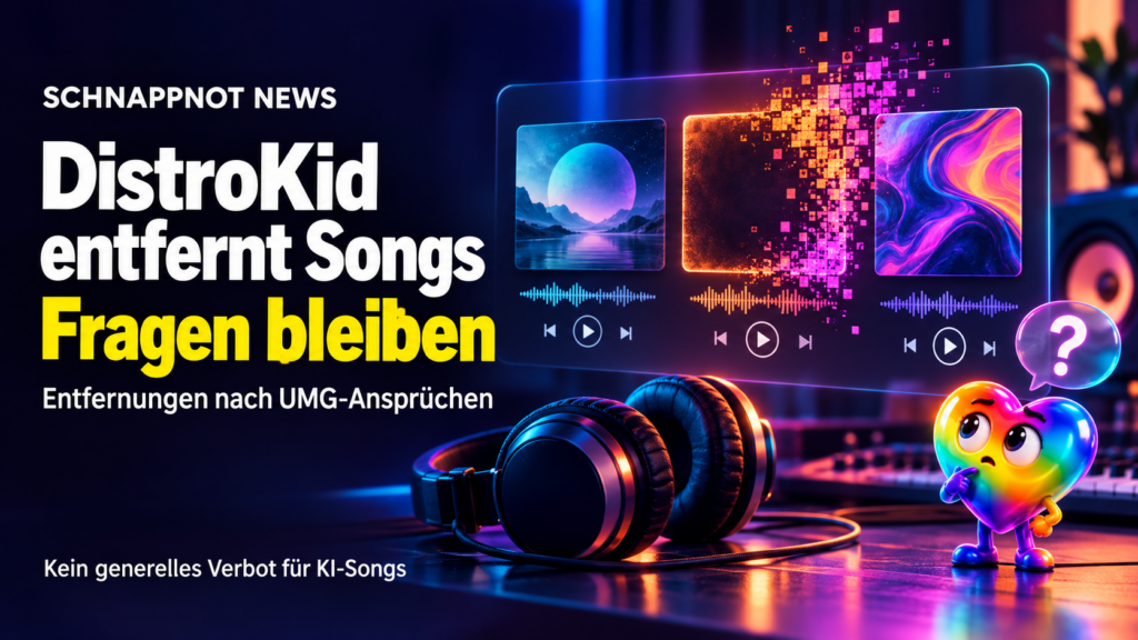 schnappnot_news_style, 16:9: Digitale Musikkarten auf einem Studiotisch, eine Karte löst sich in Pixel auf, daneben eine offene Sprechblase als Symbol für fehlende Erklärung. Modern, farbig, kontrastreich, Orange und Violett; kleines Regenbogenherz Schnappi. Keine echten Personen, keine Logos, ke