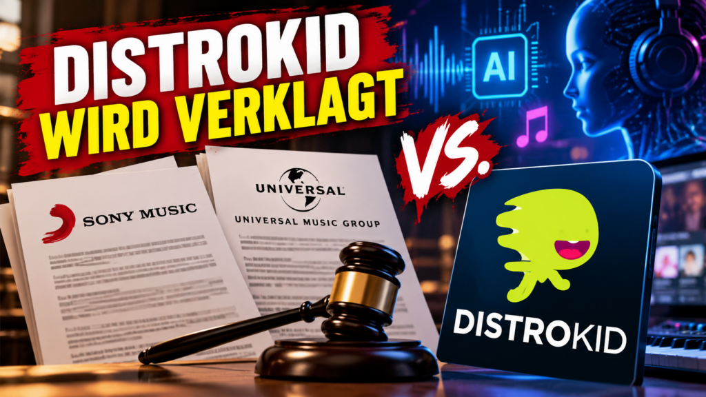 Abstrakte Schallplatte mit leuchtenden digitalen Wellenformen, Dokumentenstapel und stilisierter Waage im Musikstudio, keine Schrift 16:9, schnappnot_news_style, fotorealistisches modernes Editorial-Motiv, kräftige Neon-Regenbogenakzente, hoher Kontrast, professionelle Lichtsetzung, keine Markenzei