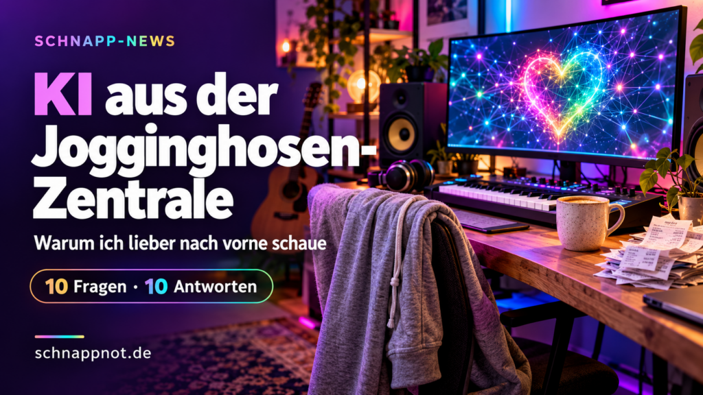 16:9, schnappnot_news_style: modernes heimisches Kreativstudio mit Jogginghose über einem Stuhl, Kaffeetasse, Belegen und abstraktem KI-Netzwerk auf einem Monitor. Neon-Regenbogenfarben auf Dunkellila, kontrastreich, keine echten Personen, keine Markenlogos, kein Text.