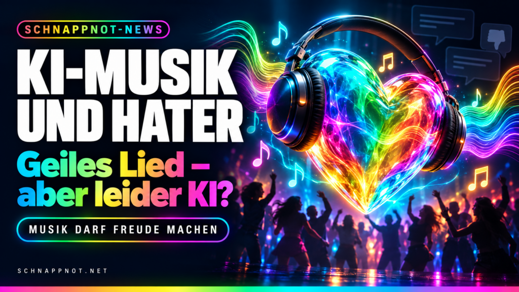 16:9, schnappnot_news_style, humorvolle redaktionelle Illustration: handgefertigte Holzskulptur und moderne digitale Klangwerkstatt gehen in eine gemeinsame bunte Musikwelle über, abstrakte Sprechblasen am Rand und tanzende fiktive Silhouetten, Neon-Regenbogen-Akzente, souverän und freundlich, kei