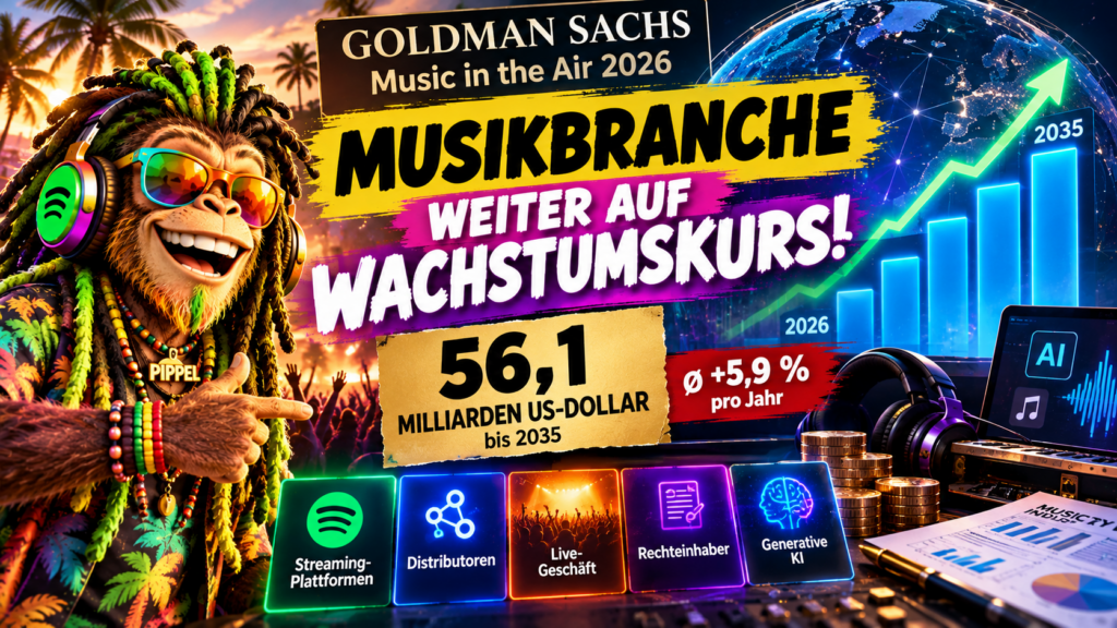 Leuchtendes Vinyl im Vordergrund, dahinter stilisierte Wachstumsbalken und viele kleine digitale Musiktitel, ohne Zahlen oder Schrift 16:9, schnappnot_news_style, fotorealistisches modernes Editorial-Motiv, kräftige Neon-Regenbogenakzente, hoher Kontrast, professionelle Lichtsetzung, keine Markenze
