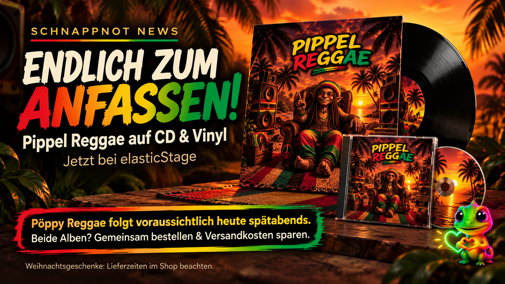 schnappnot_news_style, 16:9, modern, farbig, kontrastreich: Eine schwarze Schallplatte und eine glänzende CD mit unbeschrifteten farbigen Hüllen, karibischer Sonnenuntergang und dezente Geschenkverpackung. Kleines neonfarbenes Regenbogenherz Schnappi unten rechts. Keine Schrift, keine Logos, keine