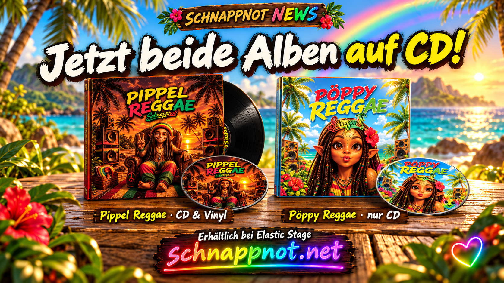 schnappnot_news_style, 16:9, modern, farbig, kontrastreich: Zwei CD-Hüllen und eine Schallplatte in tropischer Neon-Regenbogen-Atmosphäre, kleines Regenbogenherz; spätere Coverbilder nur anhand der vom Künstler gelieferten Originale einsetzen. Keine Schrift, kein Zufallstext, keine Markenlogos,