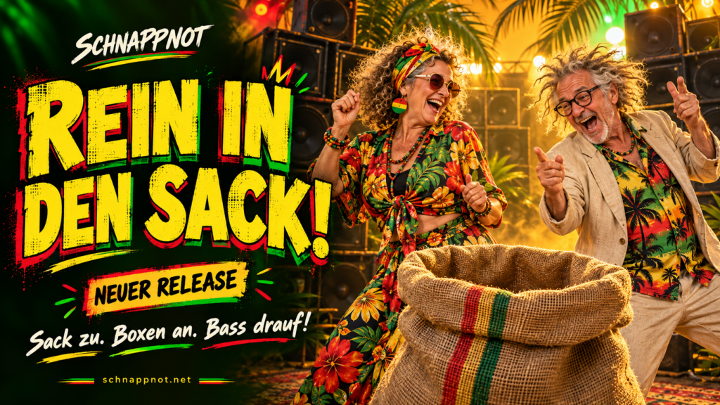 16:9, humorvolles fotorealistisches Reggae-Release-Motiv, zwei überzeichnete erwachsene Alltagsfiguren neben einem offenen Jutesack, große Lautsprechertürme, warme rot-gelb-grüne Lichtstimmung mit Neon-Regenbogen-Akzenten, ausgelassene Atmosphäre, keine Waffen, keine zusätzlichen Personen, kei