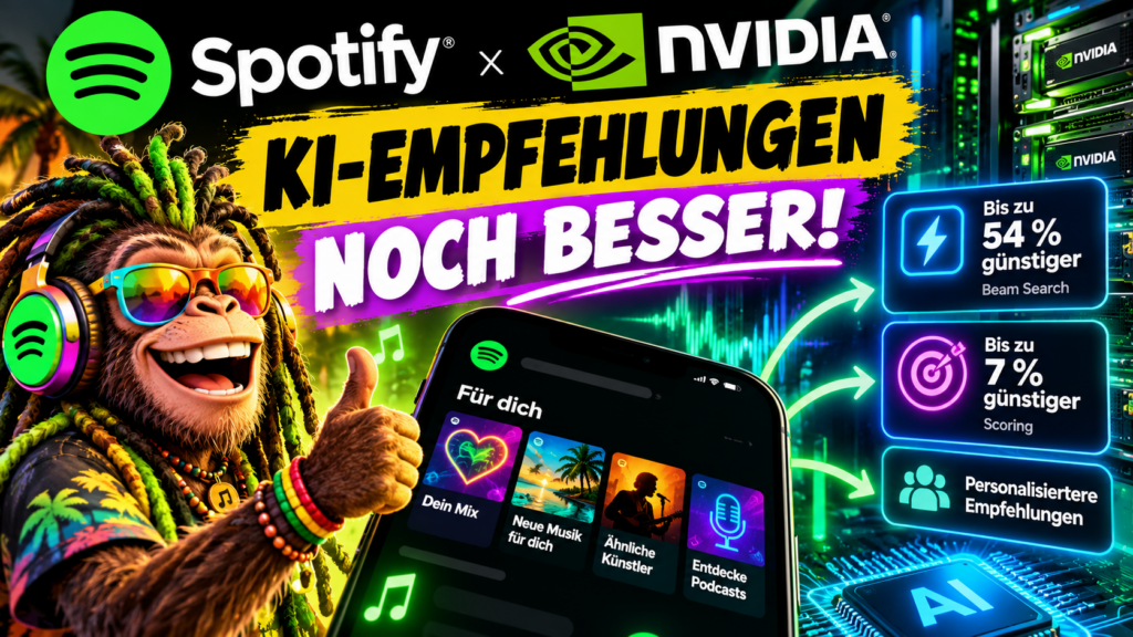 Futuristische Musikstreaming-Landschaft mit glühenden Audiowellen, neuronalen Verbindungen und fließenden Musik-Kacheln, keine Schrift 16:9, schnappnot_news_style, fotorealistisches modernes Editorial-Motiv, kräftige Neon-Regenbogenakzente, hoher Kontrast, professionelle Lichtsetzung, keine Marke