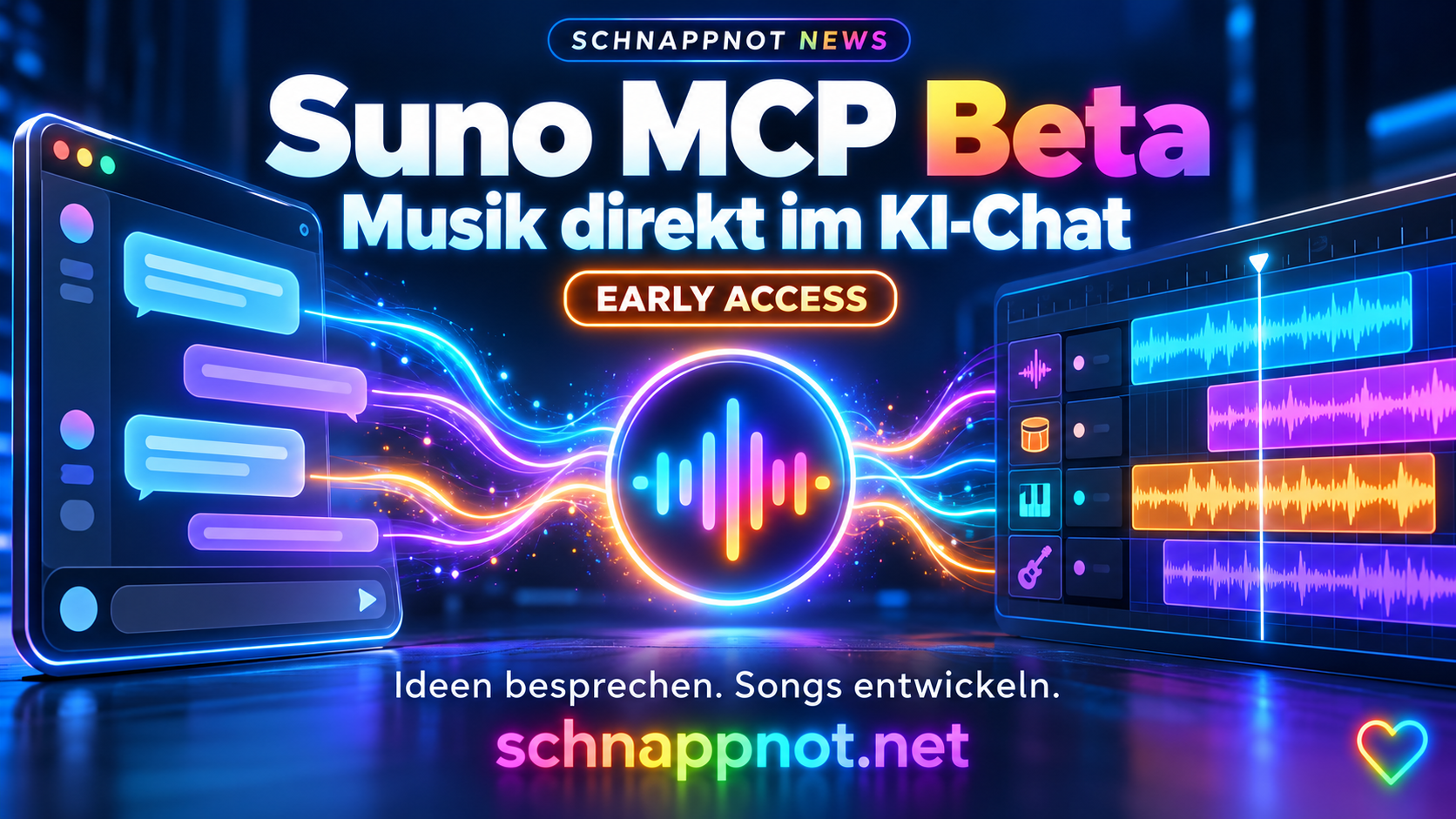 schnappnot_news_style, 16:9, modern, farbig, kontrastreich: Leuchtende Klangwellen fließen von abstrakten Chatflächen in eine Musik-Zeitleiste. Keine Schrift, kein Zufallstext, keine Markenlogos, keine echten Personen.