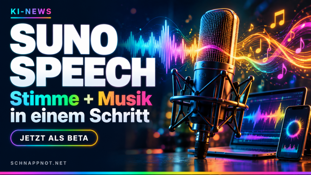 16:9, schnappnot_news_style, modernes farbiges Tonstudio, leuchtendes Mikrofon, eine Sprachwellenform verschmilzt mit rhythmischen Musikbändern, Neon-Regenbogen-Akzente, starke Kontraste, klare Komposition, keine Schrift, keine Logos, keine echten Personen.