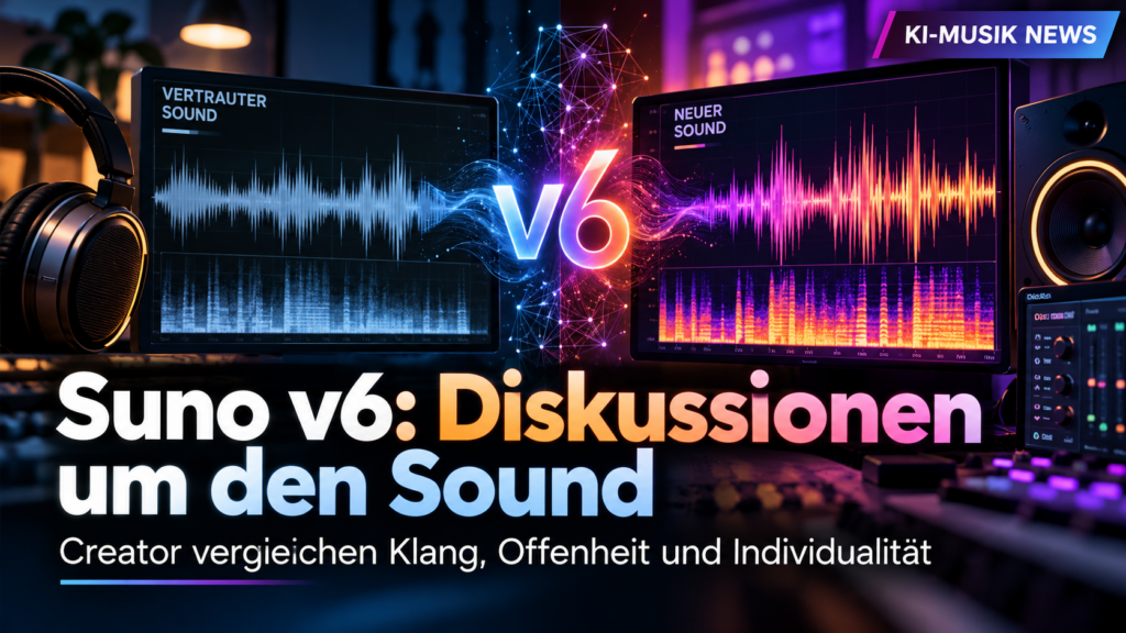 Futuristisches Tonstudio mit zwei stilisierten abstrakten Schallwellen in kontrastierenden Neonfarben, hochwertiger Lautsprecher und Mischpult, visuelle Gegenüberstellung unterschiedlicher Klangcharaktere, 16:9, modern, farbenprächtig, fotorealistisch, keine Markenlogos, keine Personen, kein Zufal