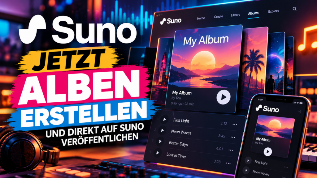 16:9, moderner farbintensiver Schnappnot-News-Stil, kontrastreiche dunkelblaue und neonfarbene KI-Musikstudio-Szene mit schwebendem digitalen Albumcover, gestapelten Track-Kacheln, leuchtenden Audio-Wellen und abstraktem Veröffentlichungsimpuls, hochwertige fotorealistische 3D-Ästhetik, klare Komp