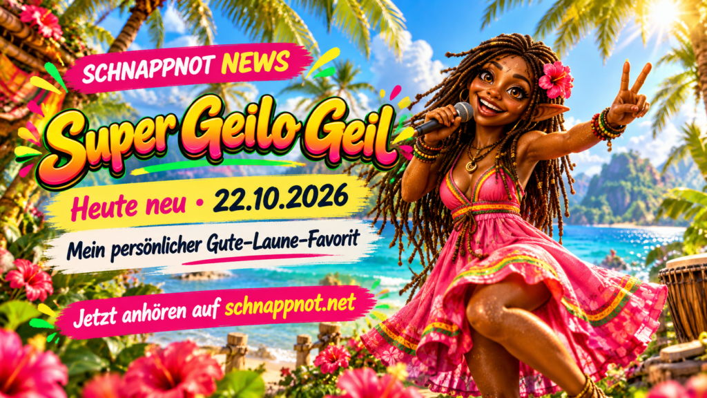 16:9, schnappnot_news_style: tropische Strandkulisse mit leuchtenden Regenbogenfarben, Sonne, Palmen und abstrakten rhythmischen Klangwellen, modern und kontrastreich, ohne Text, Logos oder echte Personen.