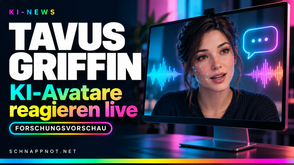 16:9, schnappnot_news_style, fiktiver freundlicher digitaler Avatar auf einem großen Bildschirm, sichtbare Lippen und dezente Symbole für Zuhören und Antworten, futuristisches Studio, klare Neon-Regenbogen-Akzente, keine Schrift, keine Logos, keine realen Personen oder Vorbilder.