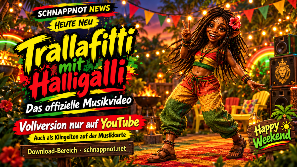 16:9-News-Cover im modernen, farbigen, kontrastreichen Schnappnot-News-Stil: ausgelassene Reggae-Gartenparty als symbolische Szene mit Gartenstühlen, Grill, bunten Wimpeln, warmen Lichterketten und leuchtenden Klangwellen. Neon-Regenbogenakzente, fröhliche Wochenendstimmung, keine echten Personen,