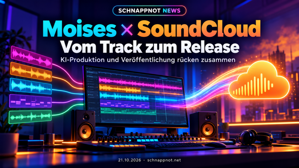 16:9, schnappnot_news_style, modern, farbig, kontrastreich: Ein Audio-Workflow mit farbigen Tonspuren zwischen Studio und abstrakter Streaming-Wolke. Kein Text, keine Logos, keine echten Personen.