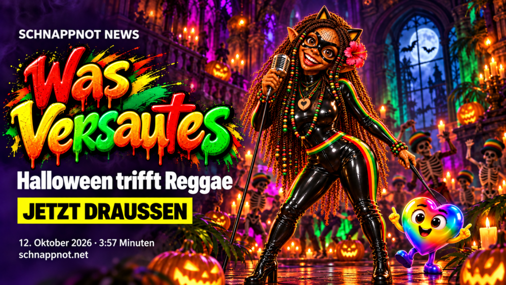 schnappnot_news_style, 16:9: Das bereitgestellte Originalcover von Was Versautes als verbindliche Bildreferenz nutzen, Sängerin und Figuren exakt erhalten, Szene seitlich zu einer farbigen, kontrastreichen Halloween-Reggae-News-Kachel erweitern. Kleines neonfarbenes Regenbogenherz Schnappi ergänze