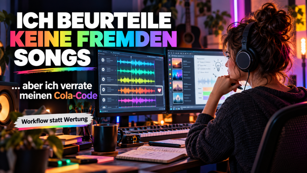 16:9-Newskachel: modernes Musikstudio, Person vor Monitoren mit mehreren Songversionen, Headline 'Ich beurteile keine fremden Songs', Subline 'aber ich verrate meinen Cola-Code', Sticker 'Workflow statt Wertung', neonfarbene Regenbogen-Akzente.